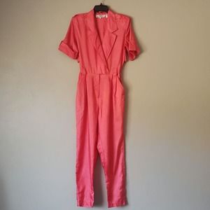 Vintage 80s Westbound Coral Silky Tapered Parachute V Neck Jumpsuit Size 6